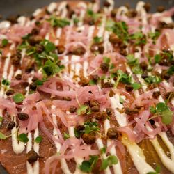 Salmon carpaccio w/ pickled onions, citrus aioli, crisp fried capers