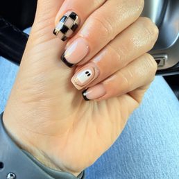 Final Look-gel builder French tips with checkered accent nail and the ghost Final Look-gel builder French tips with checkered accent nail and the ghost
