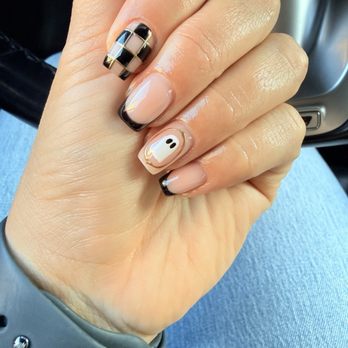 Shears & Laque Beauty Bar - Final Look-gel builder French tips with checkered accent nail and the ghost - Nail Salons Near Me - Rancho Cucamonga, California Shears & Laque Beauty Bar - Final Look-gel builder French tips with checkered accent nail and the ghost - Nail Salons Near Me - Rancho Cucamonga, California