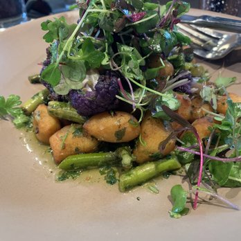 Bar Bistro - Gnocchi with pesto, asparagus, purple cauliflower and micro greens. - Cocktail Bars Near Me - Tacoma, Washington