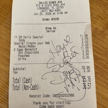 Sally’s Diner - Bill for breakfast with cash and non-cash price. - Breakfast & Brunch Near Me - Longwood, Florida Sally’s Diner - Bill for breakfast with cash and non-cash price. - Breakfast & Brunch Near Me - Longwood, Florida
