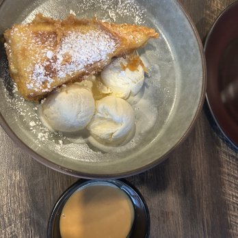 Origen Signature - Deep fried cheesecake with 3 small scoops vanilla ice cream and 2 Tbs dulce de leche requested on the side. - Peruvian Near Me - Cooper City, Florida Origen Signature - Deep fried cheesecake with 3 small scoops vanilla ice cream and 2 Tbs dulce de leche requested on the side. - Peruvian Near Me - Cooper City, Florida