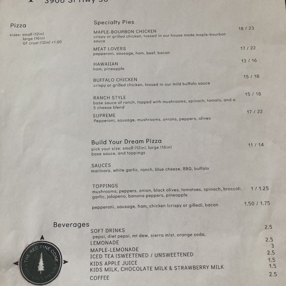 The Red Pine Cone - Menu - Pizza Near Me - South Colton, New York
