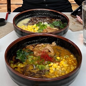 Ramen Tatsu-Ya - the one closest is the Nu-Skool Curry vegan ramen, and the further one is the normal Nu-Skool vegan ramen - Ramen Near Me - Austin, Texas Ramen Tatsu-Ya - the one closest is the Nu-Skool Curry vegan ramen, and the further one is the normal Nu-Skool vegan ramen - Ramen Near Me - Austin, Texas