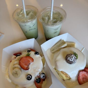 Fluffy Fluffy Cafe - Signature & matcha latte (above) & nutella banana & strawberry matcha latte - Pancakes Near Me - Edison, New Jersey Fluffy Fluffy Cafe - Signature & matcha latte (above) & nutella banana & strawberry matcha latte - Pancakes Near Me - Edison, New Jersey