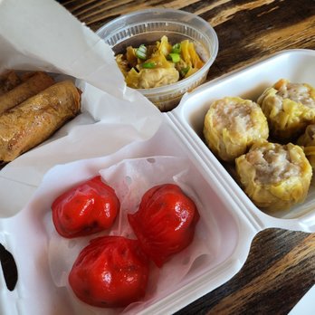 Crystal Dumplings - Fried Shrimp Beancurd Rolls, Spicy Wontons, Pork Shrimp Shumai, Shrimp Scallop Dumplings (clockwise from upper left) - Dim Sum Near Me - Garden Grove, California Crystal Dumplings - Fried Shrimp Beancurd Rolls, Spicy Wontons, Pork Shrimp Shumai, Shrimp Scallop Dumplings (clockwise from upper left) - Dim Sum Near Me - Garden Grove, California