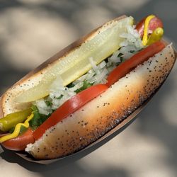 Pearl’s Red Hots - Chi-Town 7: Mustard, relish, onion, tomato, pickle, sport peppers & celery salt -- the full Chicago experience.