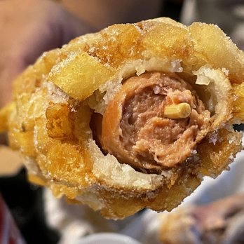 Fiya Hen - Inside of the corn dog, with hot dog inside and potato outer shell - Get this one, this is the best - Chicken Wings Near Me - Boston, Massachusetts