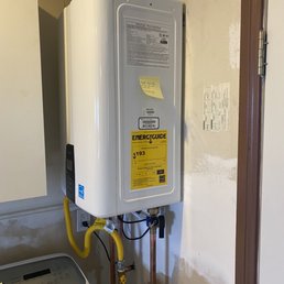 New water heater installed in the garage by AIM plumbing. New water heater installed in the garage by AIM plumbing.