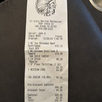 El Indio Mexican Restaurant - Receipt of horrible over priced food - Mexican Near Me - San Diego, California