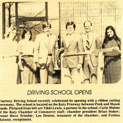 Courtesy Driving School - Victoria Lewis and Steven Trimble, co-founders and owners of Courtesy Driving School, Inc. showing grand opening in Katy, Texas April 1984.