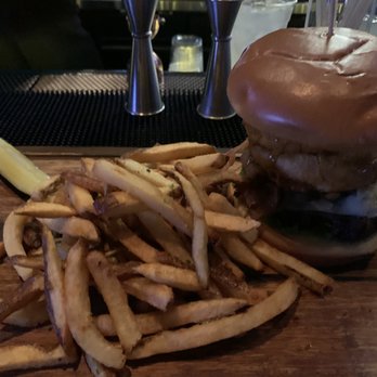 Mickey Burkes - Bistro Burger, with bacon and onion rings, and fries. - Cocktail Bars Near Me - Miami Beach, Florida Mickey Burkes - Bistro Burger, with bacon and onion rings, and fries. - Cocktail Bars Near Me - Miami Beach, Florida