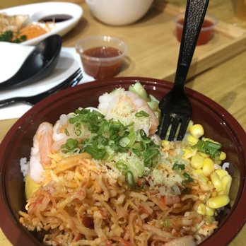 Akarui - create your own poke bowl (shrimp, imitation spicy crab, corn, mango, cucumber, tempura, scallions, & sushi rice) - Ramen Near Me - Omaha, Nebraska Akarui - create your own poke bowl (shrimp, imitation spicy crab, corn, mango, cucumber, tempura, scallions, & sushi rice) - Ramen Near Me - Omaha, Nebraska
