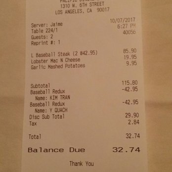 Pacific Dining Car - Part 2: The Damage with the Free Baseball Steak Promo. Awesome! - Steakhouses Near Me - Los Angeles, California
