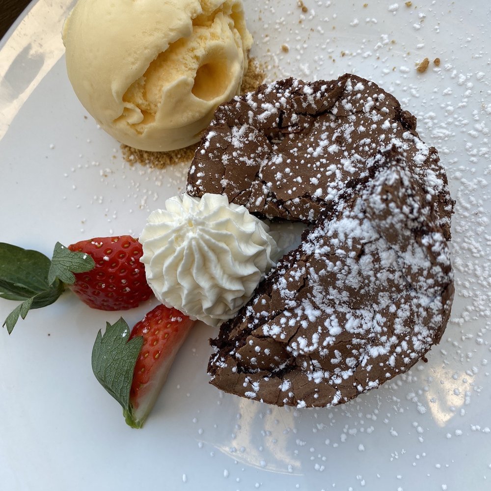 Prego Restaurant - Flourless Chocolate Cake with Vanilla Gelato - Italian Near Me - Tustin, California Prego Restaurant - Flourless Chocolate Cake with Vanilla Gelato - Italian Near Me - Tustin, California