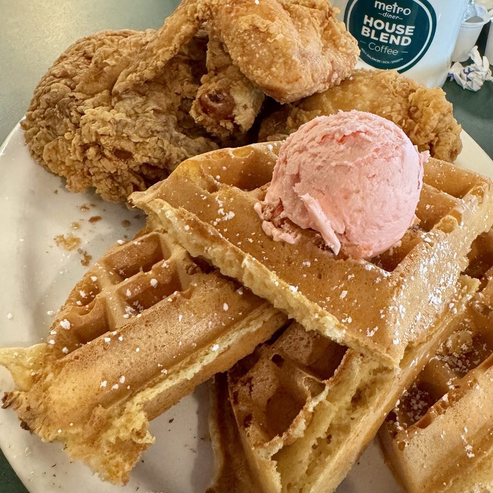 Chicken and waffles with strawberry butter. YUM! Chicken and waffles with strawberry butter. YUM!
