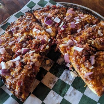Grove Street Tavern - BBQ chicken pizza. Chicken is shredded and under the cheese. Good amount of crumbled bacon and red onion. - American Near Me - Taunton, Massachusetts Grove Street Tavern - BBQ chicken pizza. Chicken is shredded and under the cheese. Good amount of crumbled bacon and red onion. - American Near Me - Taunton, Massachusetts