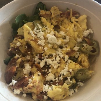 Graze 1910 - BYO bowl- 3 eggs, greens as a base, roasted tomatoes and pickled jalapeños, bacon, and goat cheese - Breakfast & Brunch Near Me - Tampa, Florida Graze 1910 - BYO bowl- 3 eggs, greens as a base, roasted tomatoes and pickled jalapeños, bacon, and goat cheese - Breakfast & Brunch Near Me - Tampa, Florida