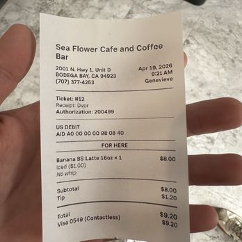 Sea Flower Cafe - Receipt - Coffee & Tea Near Me - Bodega Bay, California Sea Flower Cafe - Receipt - Coffee & Tea Near Me - Bodega Bay, California