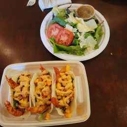 Blackened shrimp tacos with the side salad.