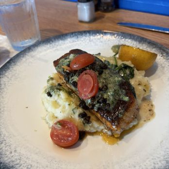 Fish City Grill - Grilled Salmon with capers, mashed potatoes and wilted spinach - Seafood Near Me - San Antonio, Texas