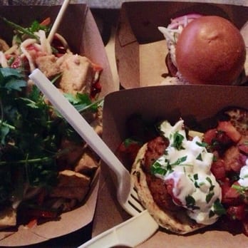 Parts&Labor - Sesame udon salad, falafel and salmon slider (special item). - Vegan Near Me - Durham, North Carolina Parts&Labor - Sesame udon salad, falafel and salmon slider (special item). - Vegan Near Me - Durham, North Carolina