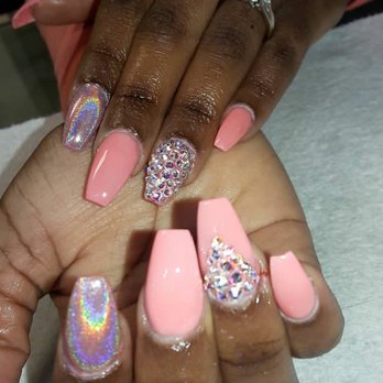 Serenity Nail Salon - Aora holographic chrome over pink coffin nails with swarovski crystals - Nail Salons Near Me - Mansfield, Texas Serenity Nail Salon - Aora holographic chrome over pink coffin nails with swarovski crystals - Nail Salons Near Me - Mansfield, Texas