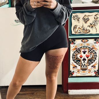 Dedication Tattoo - Thigh tattoo, super exceptional line work - Tattoo Near Me - Denver, Colorado