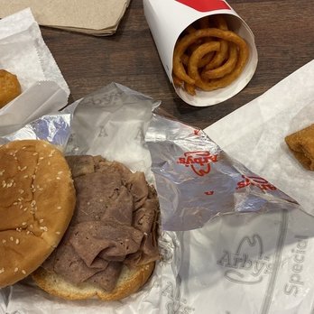 Arby's - $7.99 Meat and 3 Promotion -- Roast Beef Classic, Curly Fries, 2 pc Mozzarella Sticks, Peach Cobbler Roll, Soda. - Fast Food Near Me - Cumberland, Maryland