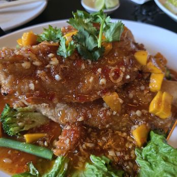 PhuThai 611 - Fried Alaskan whitefish fillet special topped with mango chili sauce - Thai Near Me - Bartonsville, Pennsylvania