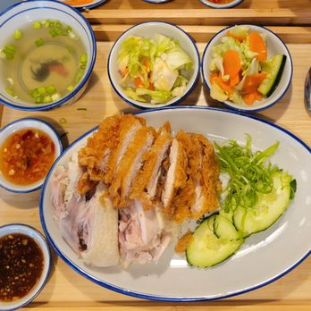 A Ma Chicken Rice - Combo Chicken Rice, $18.95 - 5 Stars, plus the extra dish of Vegetable Pickles, $4 - 4 Stars - Asian Fusion Near Me - Redmond, Washington
