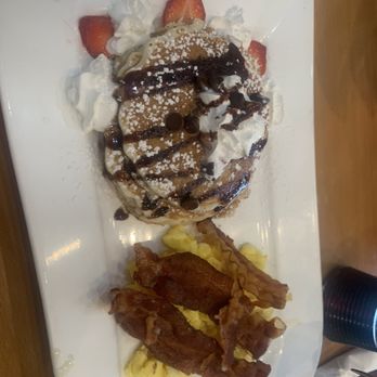 The Omelette Cafe - Breakfast special: scrambled eggs, bacon and chocolate chip pancakes - great price for quality eats - Cafes Near Me - Manassas, Virginia