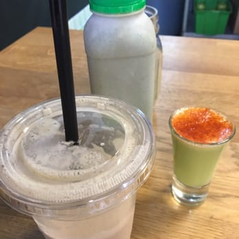 Juice Alchemy - Tres amigos! PB + C, shot of ginger and cayenne and Natural High2 freshly made and bottled for later :) - Juice Bars & Smoothies Near Me - San Diego, California Juice Alchemy - Tres amigos! PB + C, shot of ginger and cayenne and Natural High2 freshly made and bottled for later :) - Juice Bars & Smoothies Near Me - San Diego, California