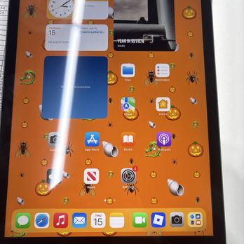 CIR - Quick, easy, professional, and always best customer service in the game. Don't go anywhere else, this time simple fix on iPad screen. - An iPad screen displays a Halloween-themed wallpaper with pumpkins, spiders, snakes, and other insects, along with app icons and widgets. - Mobile Phone Repair Near Me - Chino, California