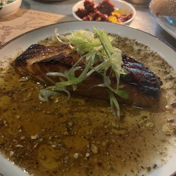 The Barbary - Salmon with smoked eggplant glaze and a sweet type Sesame  sauce . Cooked perfectly . - Middle Eastern Near Me - London, XGL
