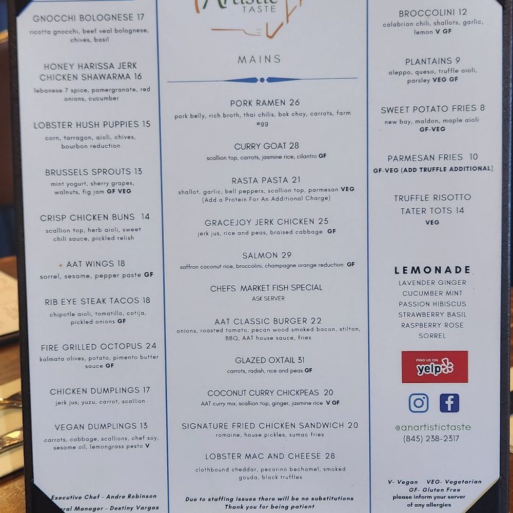 An Artistic Taste - Menu - New American Near Me - Harriman, New York An Artistic Taste - Menu - New American Near Me - Harriman, New York