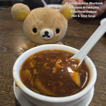 Frontier Wok Too - Yummy Hot & Sour soup with your entree! #frontierwoktoo #burbank #chinese #rilakkuma #mortimerthebear - Dim Sum Near Me - Burbank, California