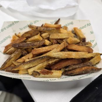 Palms n' Patties - Over cooked fry pieces, the entire serving - Burgers Near Me - Costa Mesa, California Palms n' Patties - Over cooked fry pieces, the entire serving - Burgers Near Me - Costa Mesa, California