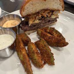 Bourbon bacon jam burger with substituted avocado fries