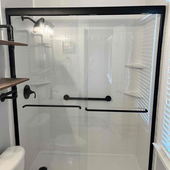 Gatsby Glass - Semi-frameless slider in matte black - Glass & Mirrors Near Me - Raleigh, North Carolina Gatsby Glass - Semi-frameless slider in matte black - Glass & Mirrors Near Me - Raleigh, North Carolina