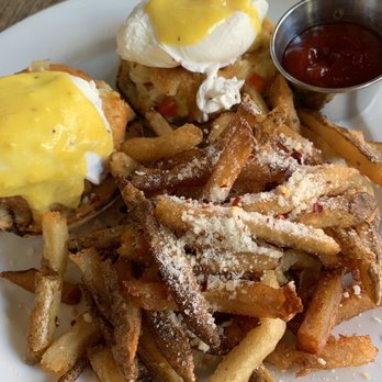 Anthony David's - Crab cake benedict & spicy truffle fries. - Breakfast & Brunch Near Me - Hoboken, New Jersey Anthony David's - Crab cake benedict & spicy truffle fries. - Breakfast & Brunch Near Me - Hoboken, New Jersey