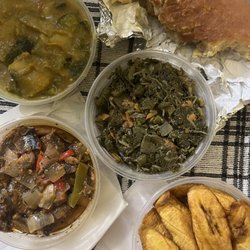 Sunsplash - Plantains, Saltfish with bread, Pumpkin soup, smoked herring and callaloo