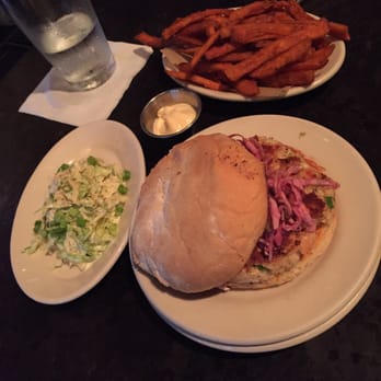 DMK Burger Bar - Salmon burger, wasabi cole slaw, and zipped sweet potato fries. - Burgers Near Me - Chicago, Illinois DMK Burger Bar - Salmon burger, wasabi cole slaw, and zipped sweet potato fries. - Burgers Near Me - Chicago, Illinois