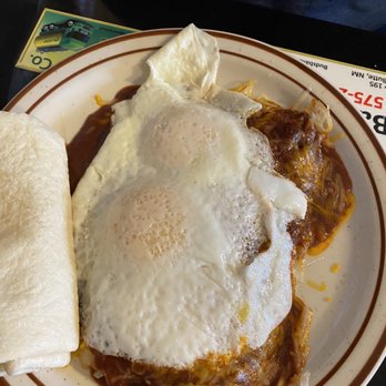 Johnny B's Restaurant - Smothered Hashbrowns with red chili - American Near Me - Truth Or Consequences, New Mexico