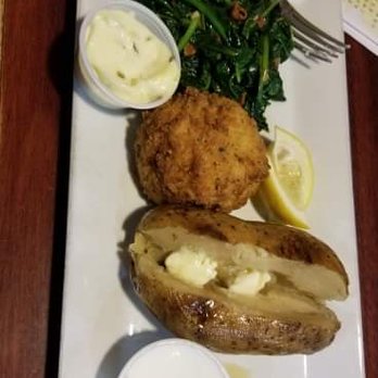 Fire Station 1 - Sauteed spinach with bacon, 1 crabcake and a baked potato. - Bars Near Me - Silver Spring, Maryland Fire Station 1 - Sauteed spinach with bacon, 1 crabcake and a baked potato. - Bars Near Me - Silver Spring, Maryland