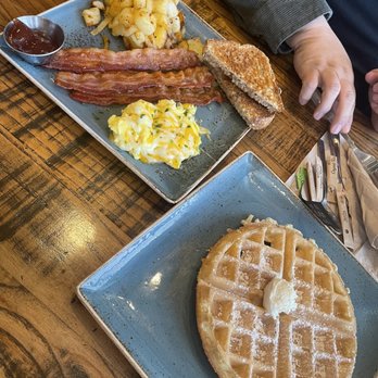 First Watch - Country potatoes, multi grain bread, bacon, scrambled eggs with cheese and waffle - I think they called this the trifecta - Breakfast & Brunch Near Me - San Antonio, Texas First Watch - Country potatoes, multi grain bread, bacon, scrambled eggs with cheese and waffle - I think they called this the trifecta - Breakfast & Brunch Near Me - San Antonio, Texas