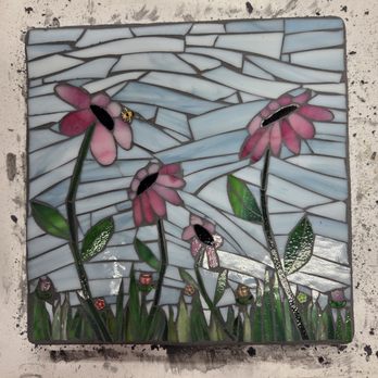 Henderson Arts - Fresh out of grouting -- ignore the mess, look at those coneflowers. Original mosaic stepping stone by Barbara Henderson, Henderson Arts LLC - Art Classes Near Me Henderson Arts - Fresh out of grouting -- ignore the mess, look at those coneflowers. Original mosaic stepping stone by Barbara Henderson, Henderson Arts LLC - Art Classes Near Me