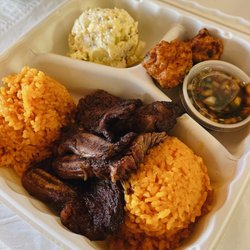 Guam Grillin - Fiesta Friday Plate! BBQ Beef Short Ribs, Chamorro Red Rice, Encha's Potato Salad, Shrimp Patties, & Finadene'