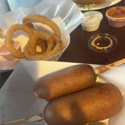 Corn dogs, onion rings and chicken sandwich.