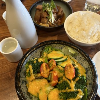 SanKai Sushi - Braised Pork/Radish, salad with onion/carrot dressing, rice, and sake - Sushi Bars Near Me - Edmonds, Washington SanKai Sushi - Braised Pork/Radish, salad with onion/carrot dressing, rice, and sake - Sushi Bars Near Me - Edmonds, Washington